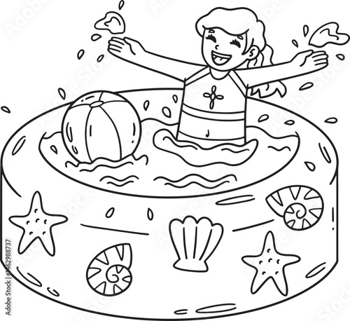 Swimming Girl on Inflatable Pool Isolated Coloring