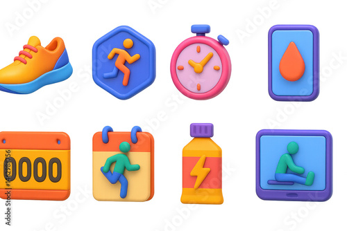 3D icon set of running and jogging tools: running shoes icon, distance tracker badge, pace stopwatch, water station app, marathon bib number, warm-up routine guide, energy gel pack, recovery stretch