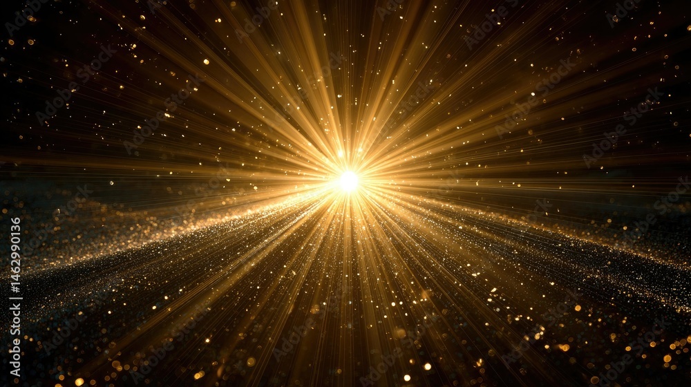 Naklejka premium A radiant burst of light with golden rays and sparkling particles, evoking a sense of wonder.