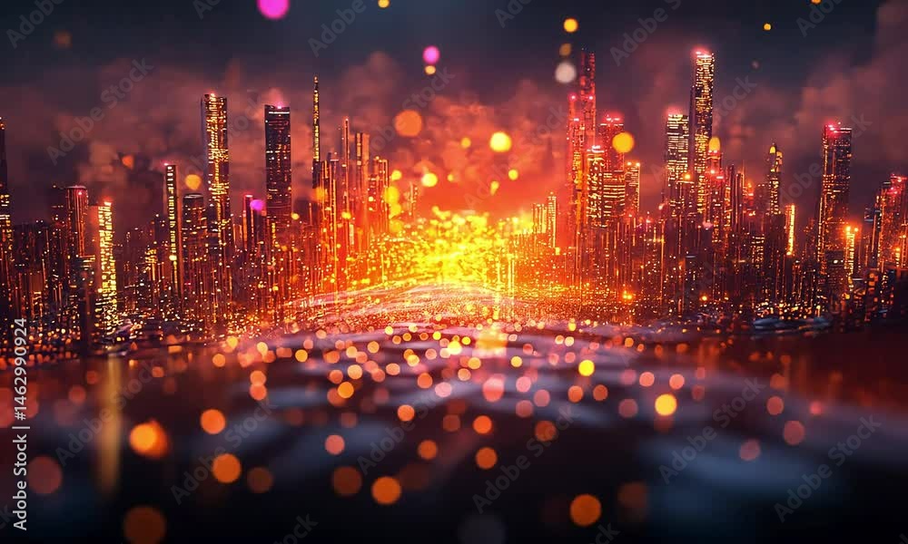Futuristic city skyline at night, vibrant lights and bokeh effects