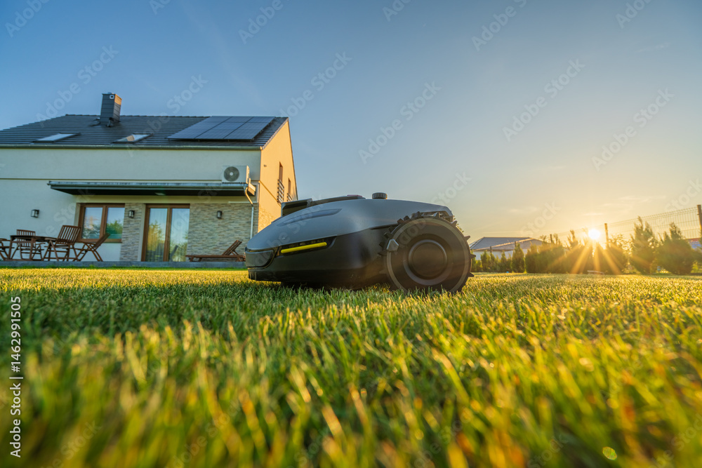 Robotic lawn mower on grass, side view with sunset flare