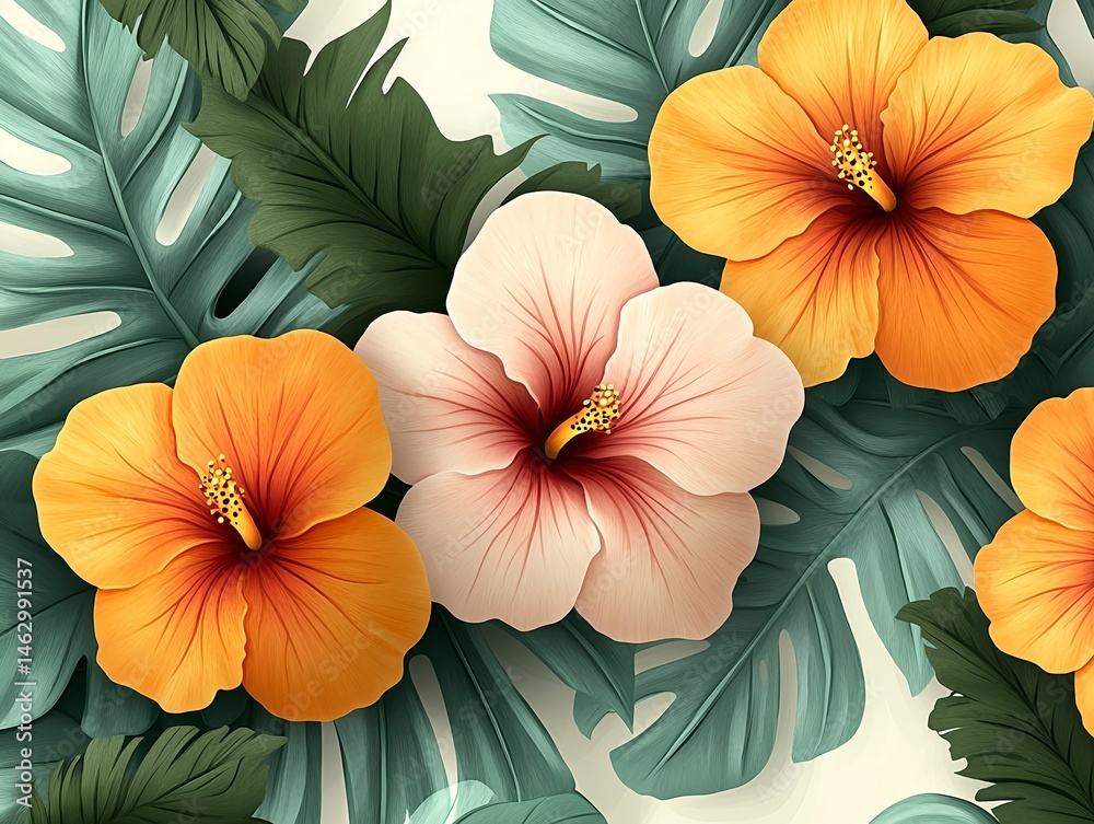 custom made wallpaper toronto digitalAn illustration with white base and soft Hawaiian flowers and palm leaves in pastel tones for a relaxed summer mood