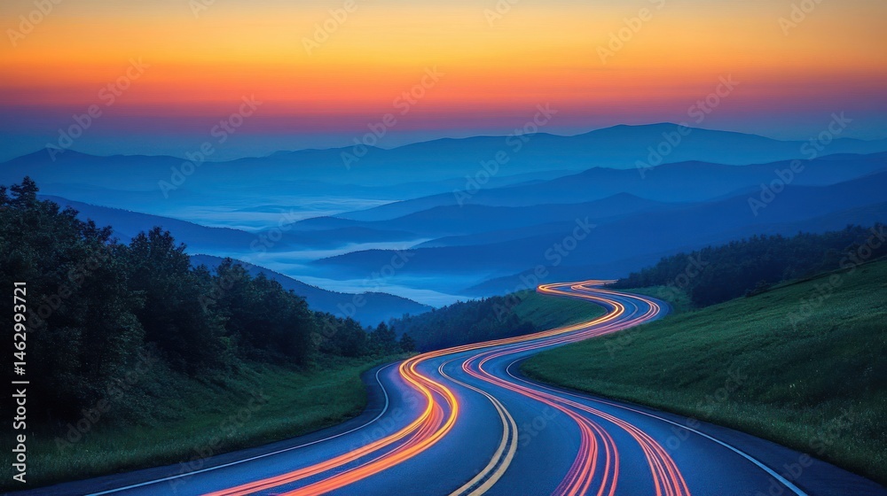 Naklejka premium Curving mountain road at sunset with colorful light trails and layers of blue foggy ridges under a vibrant orange sky creating a peaceful and serene atmosphere