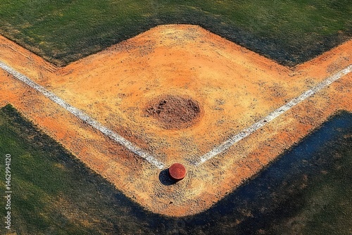 Aerial view of a baseball home plate with chalked foul lines on dirt field surrounded by grass in bright sunlight