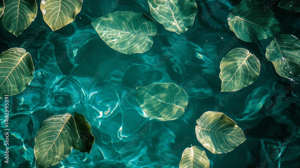 Obraz premium Serene Green Leaves Floating on Teal Water