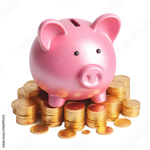 Pink piggy bank money box with gold coins. 3D Rendering isolated on white background