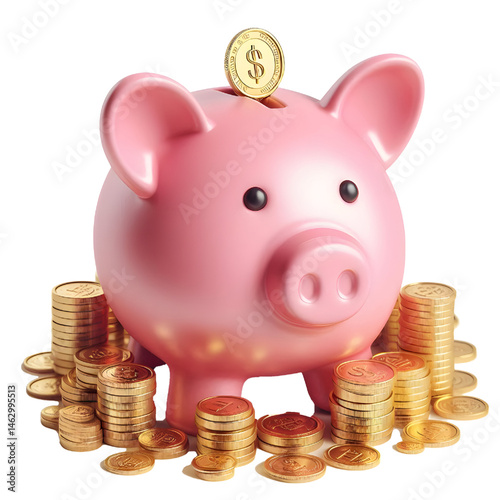 Pink piggy bank money box with gold coins. 3D Rendering isolated on white background