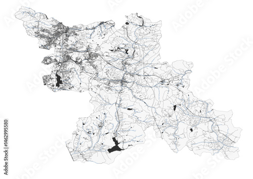 Vector map of highways, waterways and buildings in yongin, south korea with black and white color.