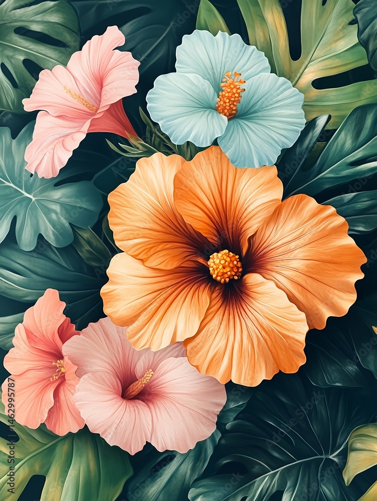 custom made wallpaper toronto digitalAn illustration with white base and soft Hawaiian flowers and palm leaves in pastel tones for a relaxed summer mood