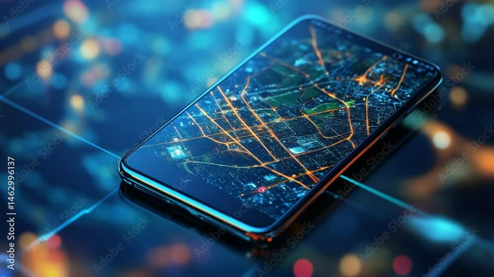 Digital navigation system interface displaying urban map on a modern smartphone screen