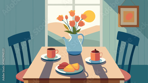 A sunlit breakfast nook with a rustic wooden table mismatched chairs and a bouquet of fresh flowers in a vintage milk jug.
