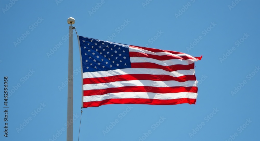 Obraz premium United states flag waving against a clear blue sky on a metal pole during a sunny day outdoors