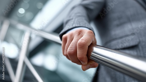 Man holding metal railing firmly photo