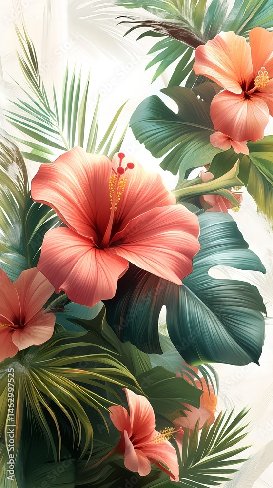 Naklejka premium An illustration with white base and soft Hawaiian flowers and palm leaves in pastel tones for a relaxed summer mood