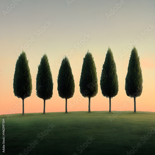 Harmonious Ensemble: The Serene Quintet of Trees at Dawn or Dusk