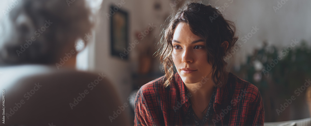 Young Woman Listening to Elderly Person Indoors