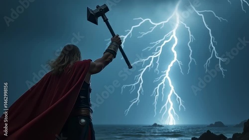Nordic God Silhouette, Stormy Sky, Double-Headed Axe, Dramatic Lightning