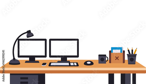 Cartoon_Office_Desk_Setup_with_Dual_Monitors_Lamp_Mug_and_Stationery_Flat_Vector_Illustration_for_Workplace_Productivity_or_Home_Office_Design