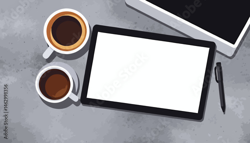 Coffee_and_Technology_Flatlay_Image_of_Two_Cups_of_Coffee_with_a_Blank_Tablet_and_Pen_Great_for_Blog_Posts_Marketing_Materials_and_More_Workspace_Mockup_Image
