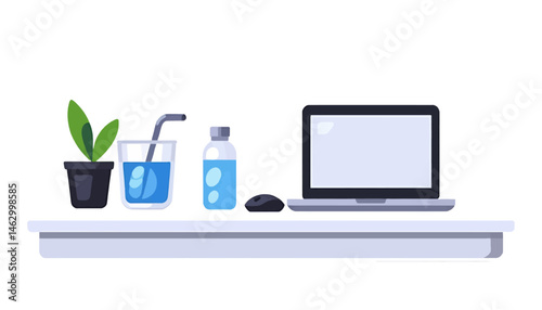 Minimalist_Workspace_Illustration_Laptop_Water_Plant_on_Desk_Flat_Vector_Design_Modern_Work_From_Home_Office_Setup_Healthy_Hydrated_Productive_Workspace_Environment