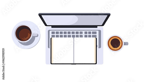 Workspace_with_Laptop_Notebook_and_Coffee_Cups_Overhead_View_Freelance_Work_Remote_Office_Concept_Minimalist_Design_for_Productivity_and_Focus