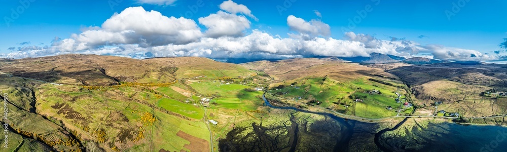 Farms and Moors over Loch Harport from a drone, Drynoch, Isle of Skye, Highlands, Scotland