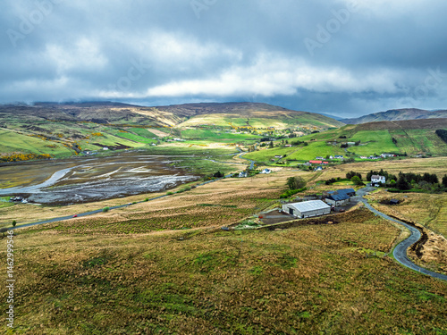 Obraz na płótnie Farms and Moors over Loch Harport from a drone, Drynoch, Isle of Skye, Highlands, Scotland w salonie