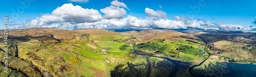 Obraz na płótnie Farms and Moors over Loch Harport from a drone, Drynoch, Isle of Skye, Highlands, Scotland w salonie