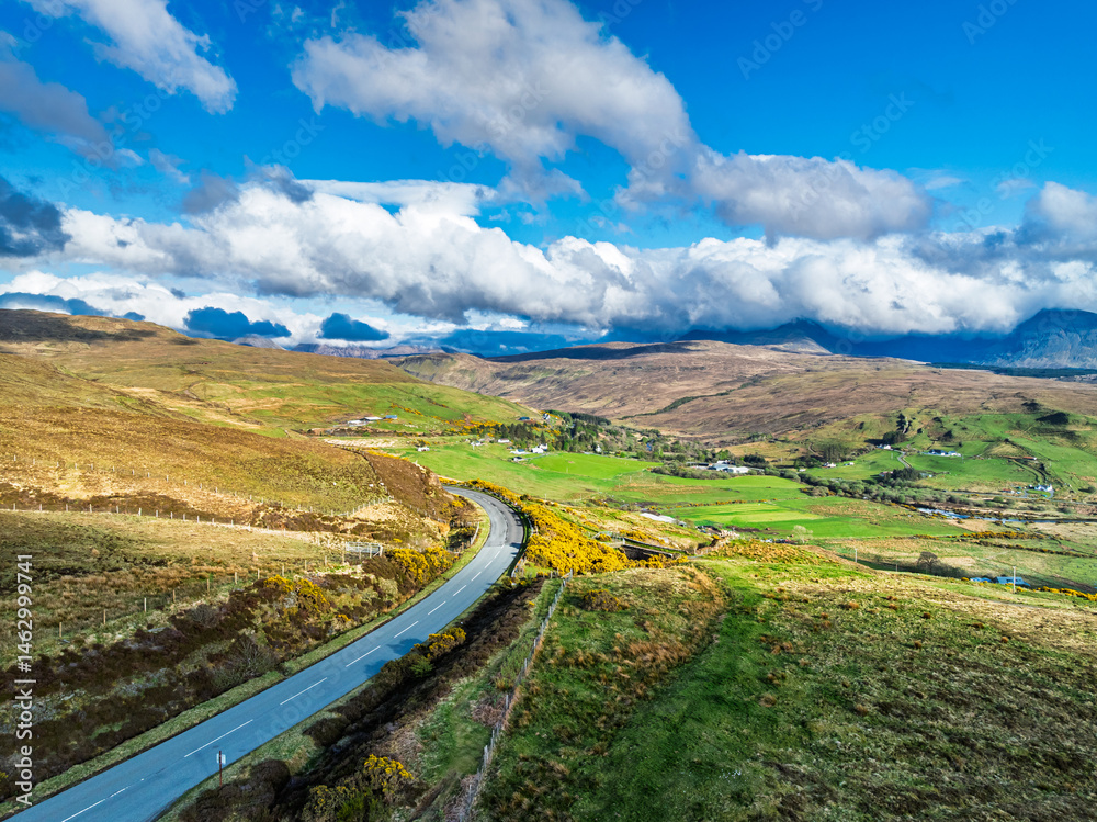 Farms and Moors over Loch Harport from a drone, Drynoch, Isle of Skye, Highlands, Scotland