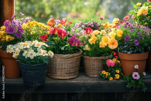 Colorful assortment of blooming flowers in various pots and wicker baskets sitting on a wooden shelf with a blurred garden background under natural sunlight