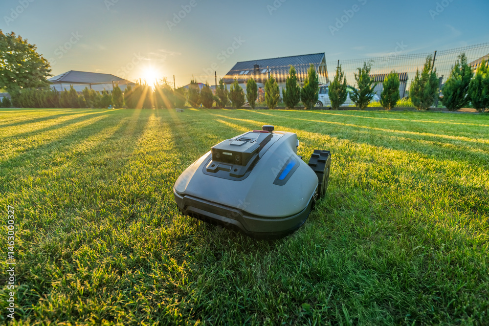 Robotic lawn mower on grass, front -ide view withs unset flare