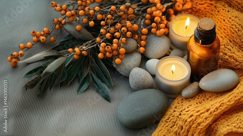 Relaxing Aromatherapy Scene with Candles and Stones in Soft Colors  