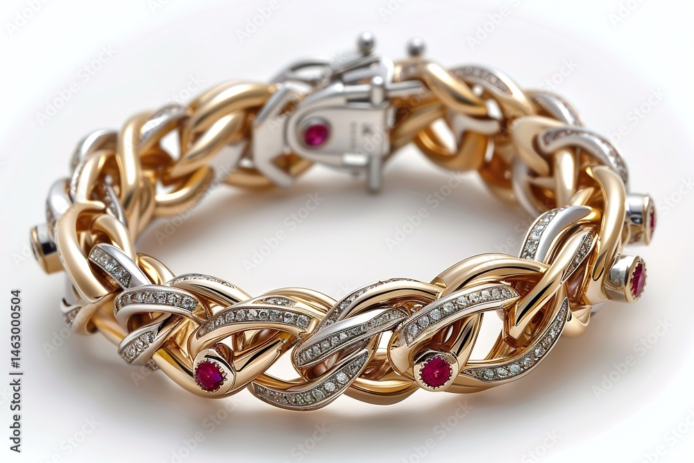 Fototapeta premium A luxurious bracelet made from intertwined gold and platinum, with small rubies embedded between the links 