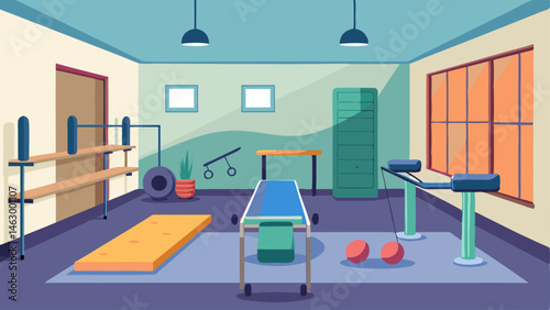 A spacious and quiet room for physical therapy sessions with exercise equipment and mats.