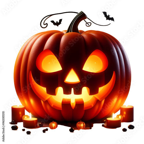 Halloween pumpkin lantern with carved face and glowing eyes, isolated on white