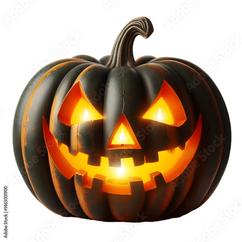 Halloween pumpkin lantern with carved face and glowing eyes, isolated on white
