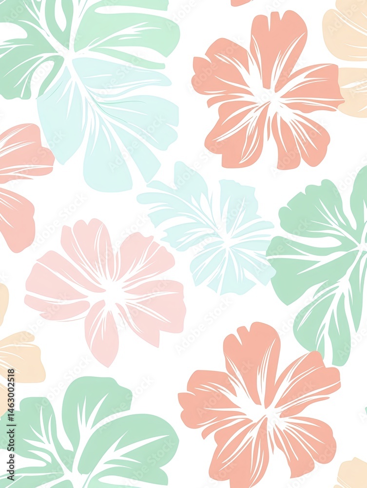 An illustration with white base and soft Hawaiian flowers and palm leaves in pastel tones for a relaxed summer mood An illustration with white base and soft Hawaiian flowers and palm leaves in pastel tones for a relaxed summer mood