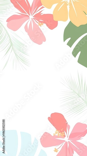 An illustration with white base and soft Hawaiian flowers and palm leaves in pastel tones for a relaxed summer mood