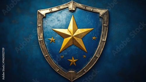 metallic shield with a large golden star and four smaller golden stars on a textured blue background conveying strength and honor