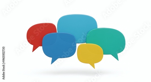 Colorful speech bubbles in red blue green and yellow floating on a plain white background design element