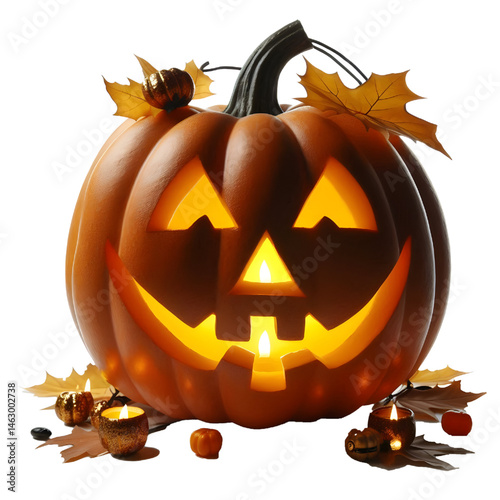 Halloween pumpkin lantern with carved face and glowing eyes, isolated on white