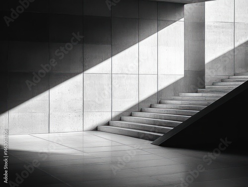 Minimalist interior with concrete walls and stairs illuminated by strong diagonal sunlight creating dramatic shadows