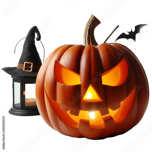 Halloween pumpkin lantern with carved face and glowing eyes, isolated on white