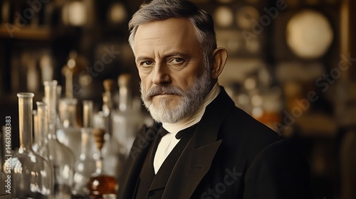 serious mature man with gray hair and beard wearing a vintage black suit in a laboratory filled with glass bottles and scientific instruments
