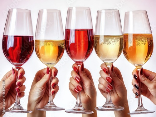 Hands holding five different glasses of champagne and sparkling wine in various shades from red to golden in a celebratory toast