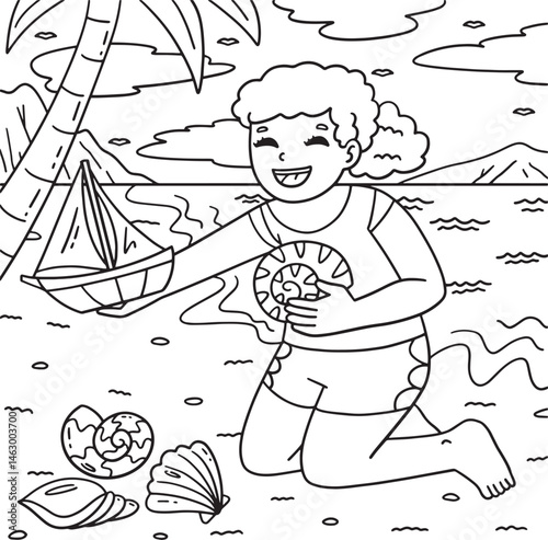 Swimming Girl Playing with a Boat Coloring Page 