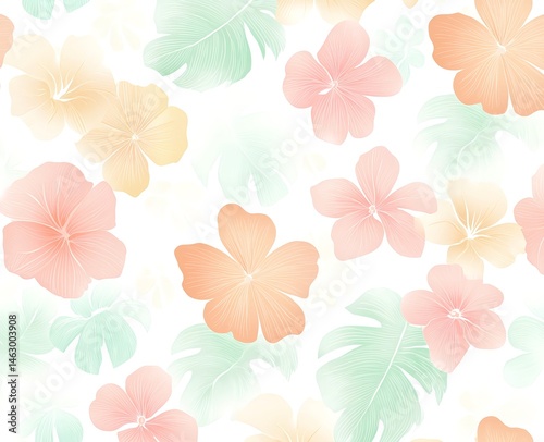 An illustration with white base and soft Hawaiian flowers and palm leaves in pastel tones for a relaxed summer mood