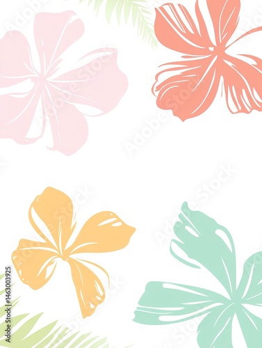 An illustration with white base and soft Hawaiian flowers and palm leaves in pastel tones for a relaxed summer mood