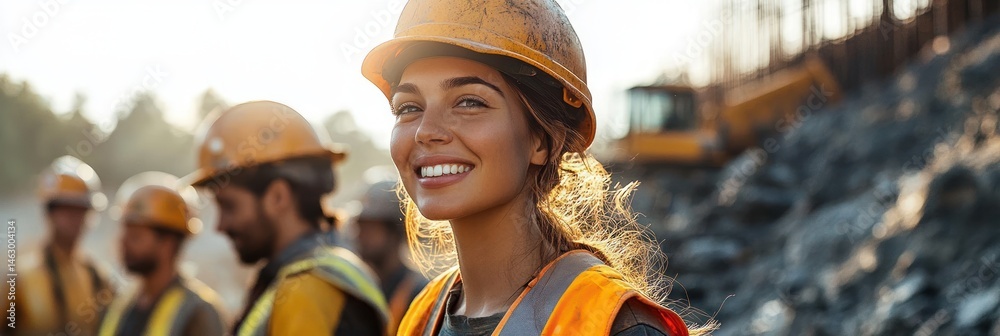 Smiling female construction worker wearing safety helmet and vest on an outdoor construction site with blurred male colleagues working in the background under bright sunlight