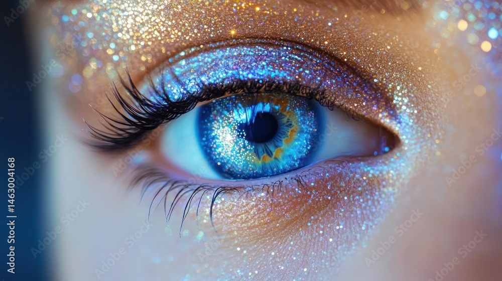 Close-up of a human eye with blue iris and decorative sparkling glitter makeup around the eye area creating a shimmering effect